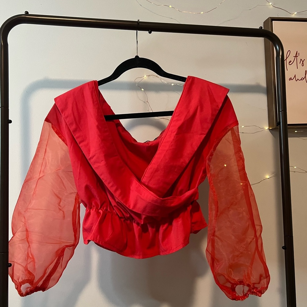 Red Bardot Organza Sleeve Crop Top